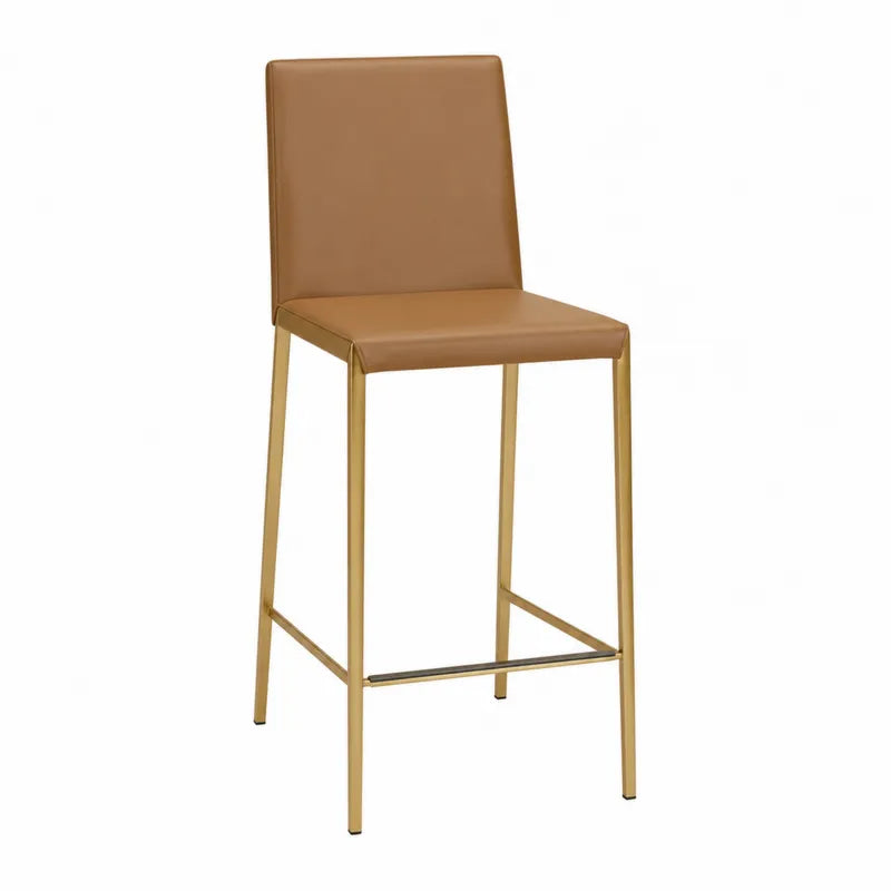 Sto?ek barowy z ekosk¨®ry karmelowej z metalow? ram? z?ot?, wysoko?? 100