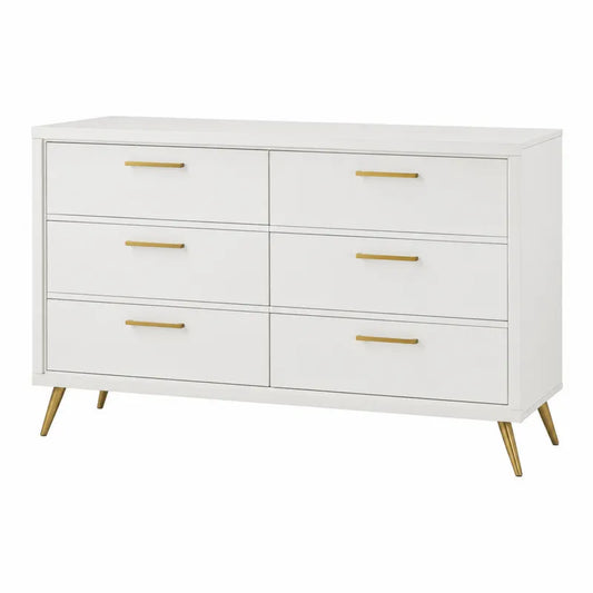 Komoda z 6 szufladami MDF bia?a ze z?otymi detalami