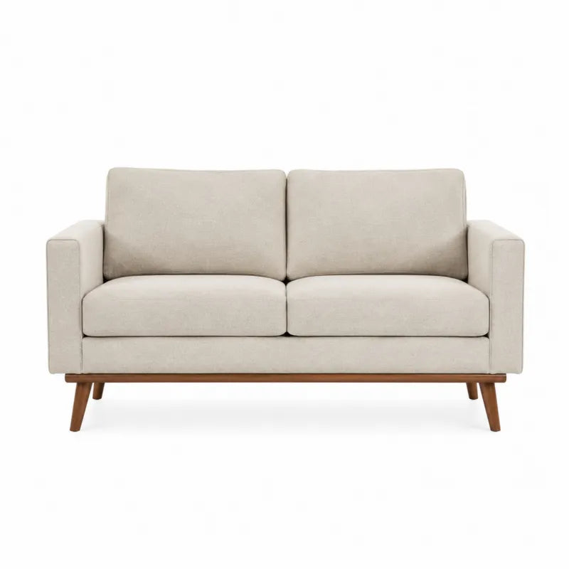 Sofa dwuosobowa be?owa z tkanin? lnian? i drewnem