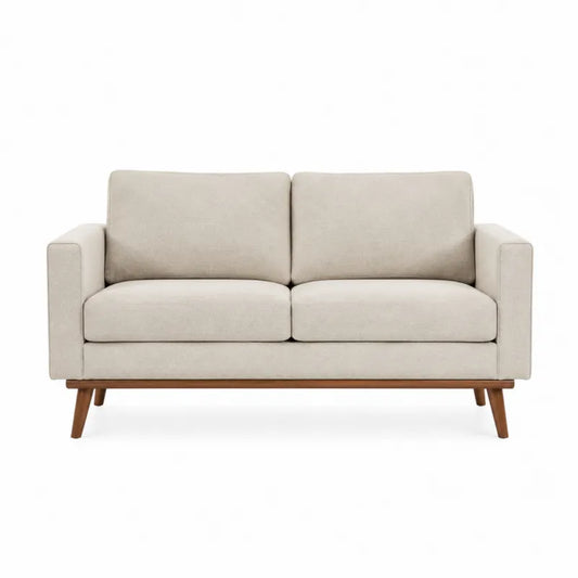 Sofa dwuosobowa be?owa z tkanin? lnian? i drewnem