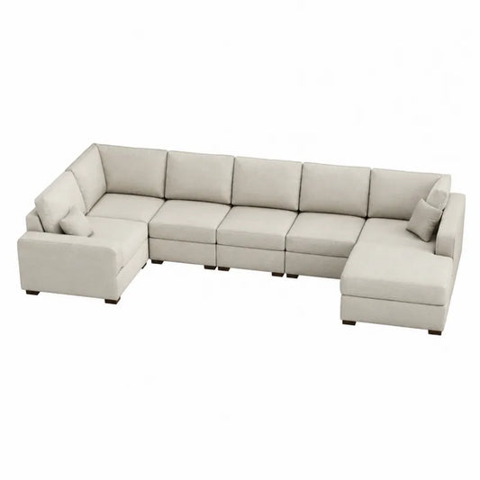 Modu?owa sofa naro?na L kszta?t be?owa, poliester z drewnian?