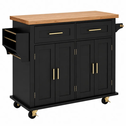 Czarny w¨®zek kuchenny z drewna i metalu z drewnianym